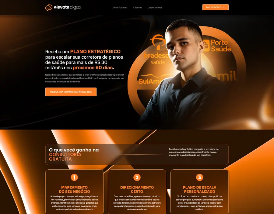 Site da Elevate Digital, agência de planos de saúde, feito por Nycolas Monteiro