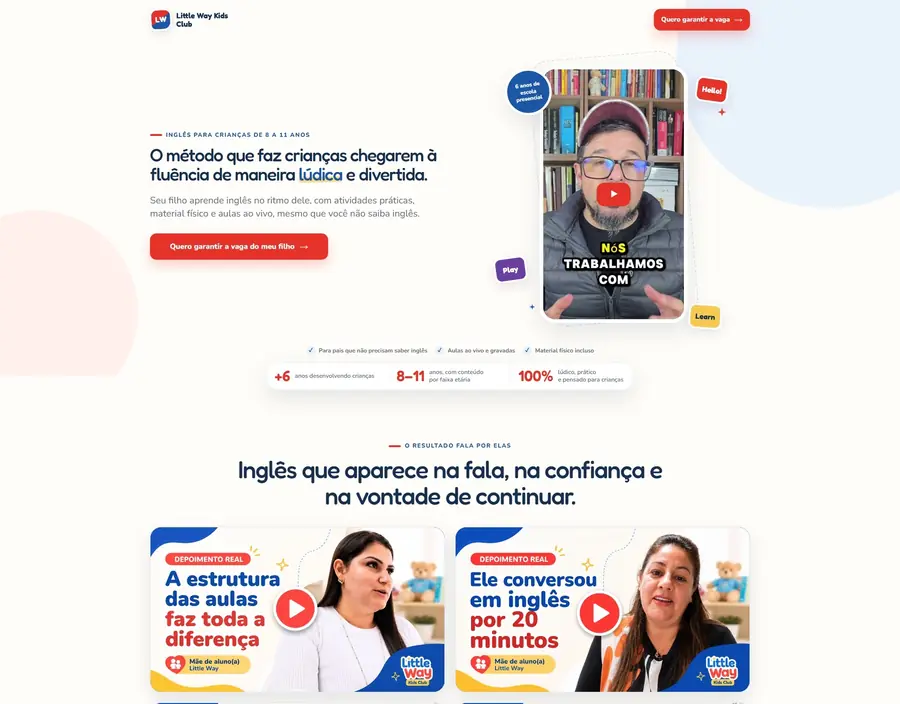 Site do Little Way Kids Club, curso de inglês para crianças